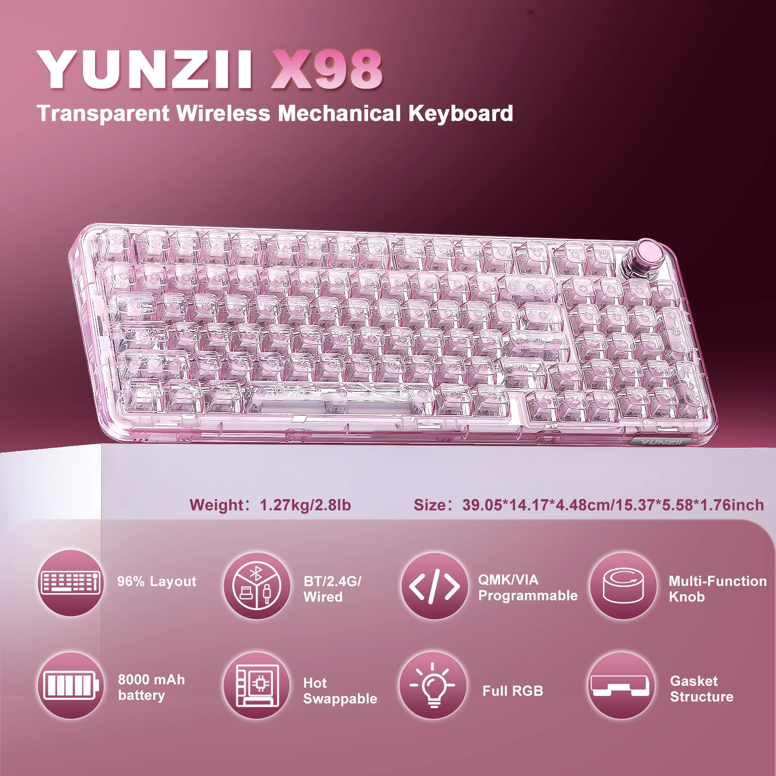 YUNZII X98 Pink QMK/VIA لوحة مفاتيح RGB لاسلكية شفافة، لوحة مفاتيح ميكانيكية للألعاب بحشية قابلة للتبديل السريع، لوحة مفاتيح بمقبض مسبقًا