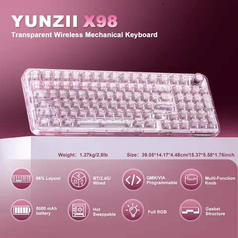 YUNZII X98 Pink QMK/VIA Wireless Transparent RGB Keyboard, Hot-Swap Gasket Mechanical Gaming Keyboard, Pre-lubed Knob Keyboard