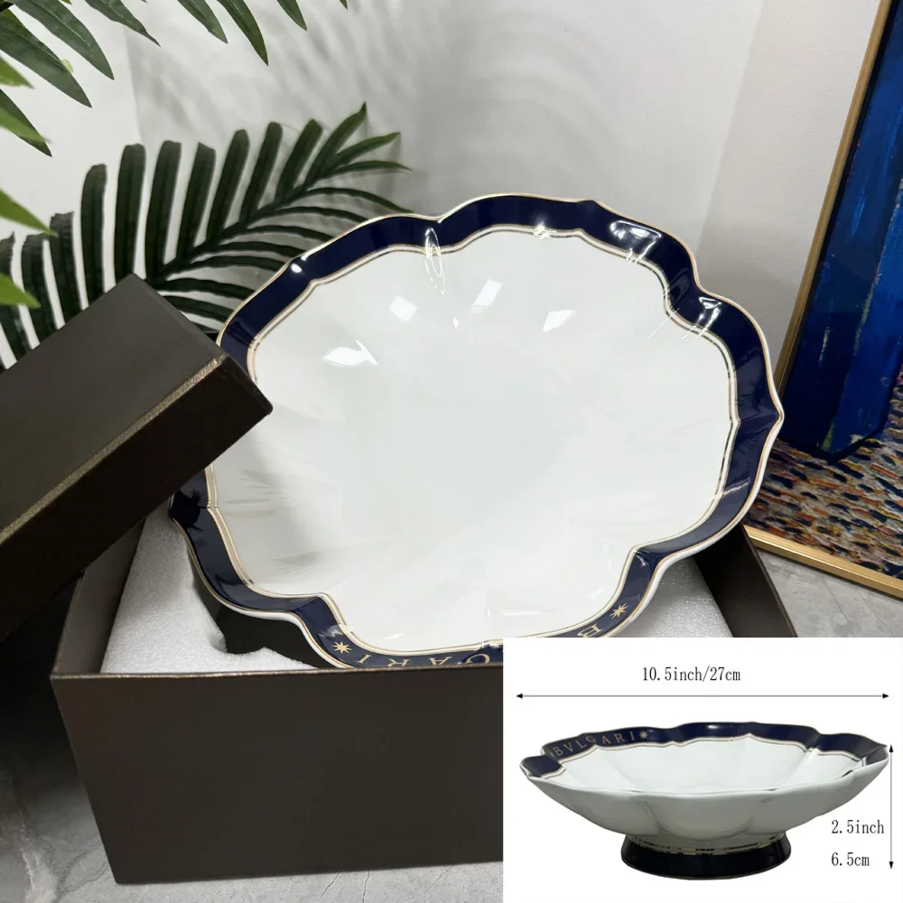 Classic Blue Gold Rim Wave Stembowl Soup Bowl New Year Snack Candy Nut Storage Tray Ceramic Lace Fruit Tray Tray Square Plate