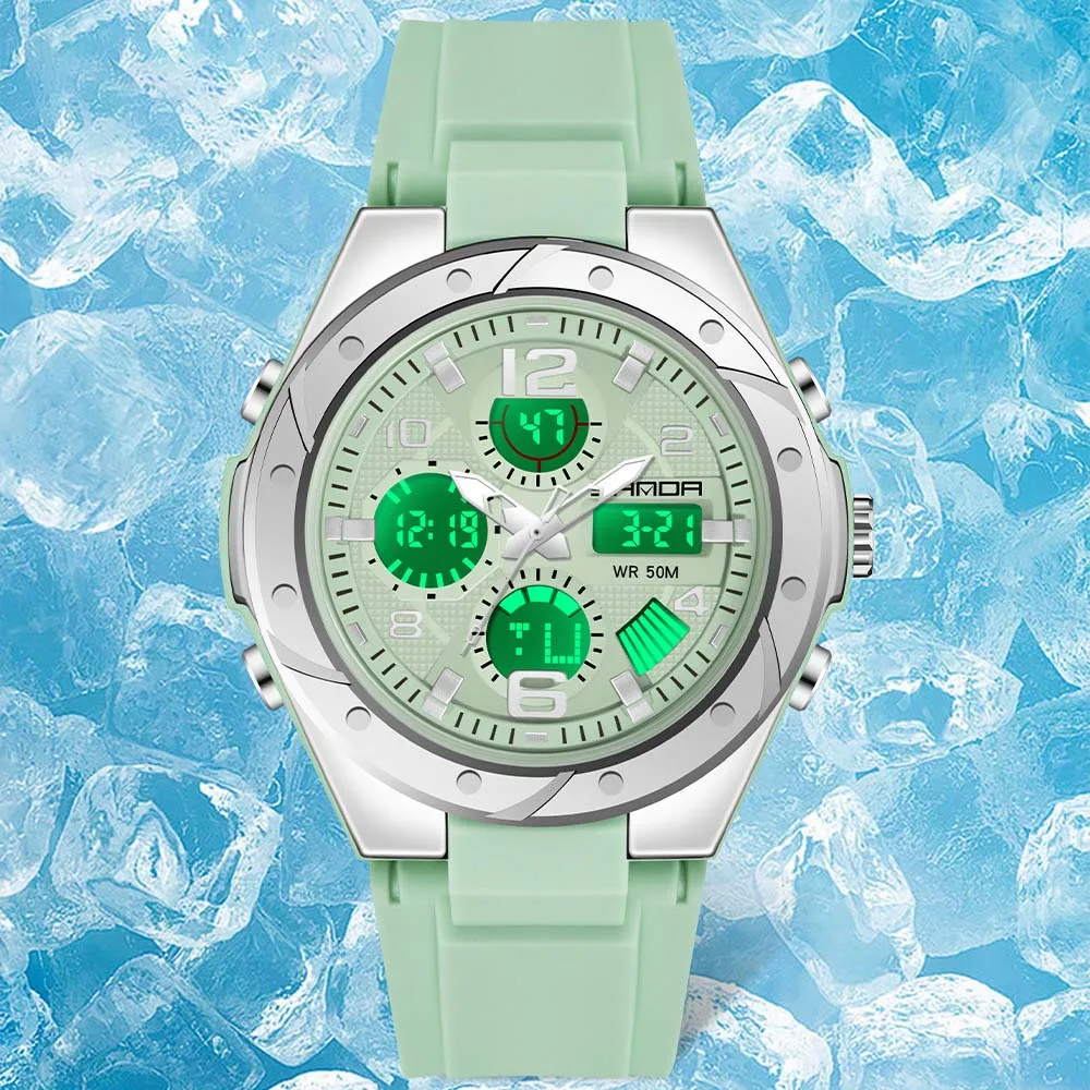 

SANDA женские спортивные цифровые часы с двойным дисплеем, светящиеся водонепроницаемые многофункциональные наручные часы, модные студенческие часы