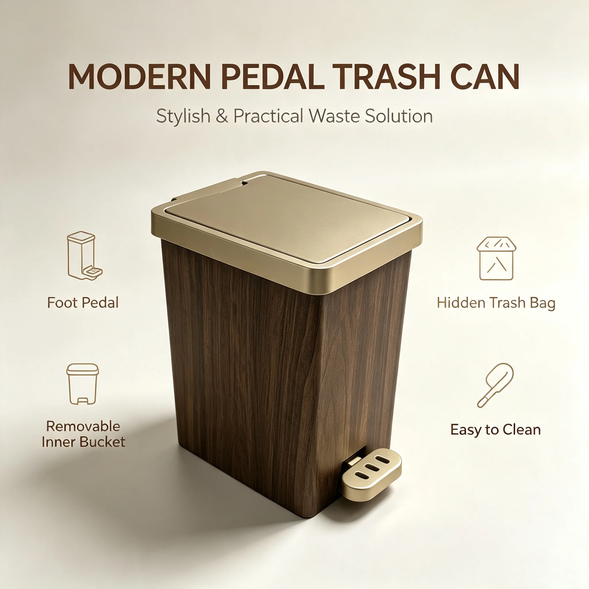 Elegant Square Foot‑Operated Garbage Bin with Removable Inner Bucket