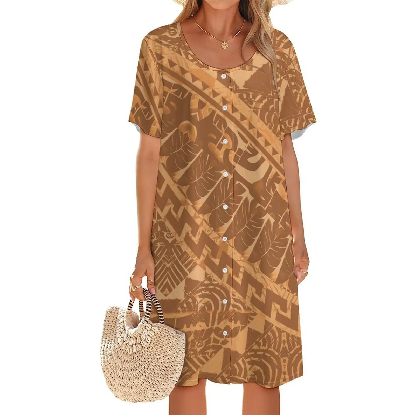 

Custom-Made Fashionable Round-Neck Collarless Long-Sleeved Button Dress With A Pattern Polynesian Women'S Clothing