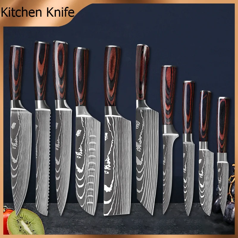 Kitchen Knives 7CR17 440C Stainless Steel Knife Laser Damascus Pattern Japanese Santoku Cleaver Slicing Utility Chef Knife Set