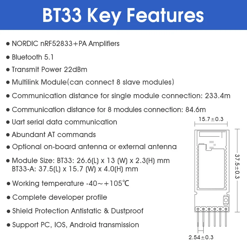 DX-BT33-A nRF52833 chip+PA Amplifiers 22dBm BLE 5.1  3.3V/5V Uart port Multilink connection Wireless Bluetooth module