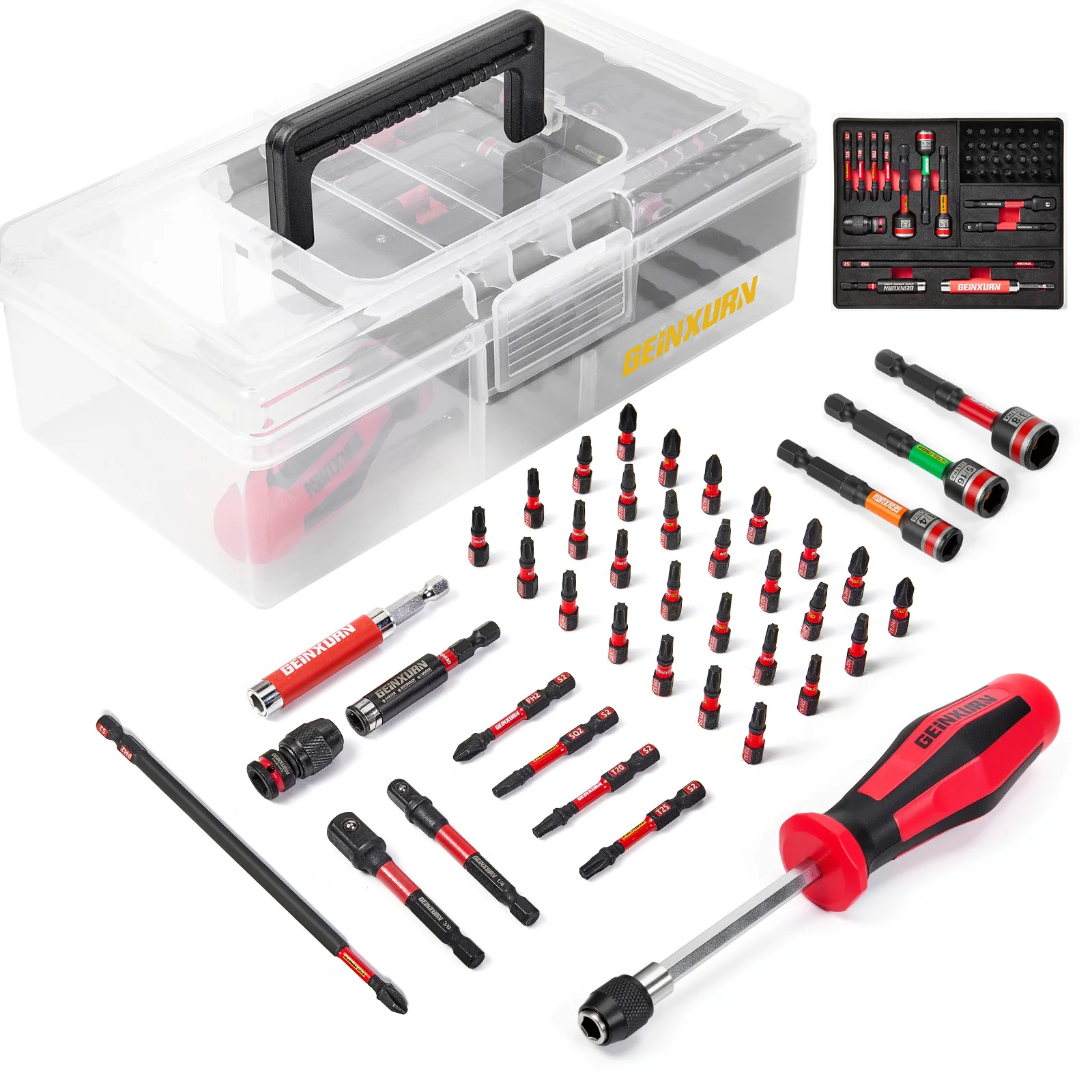 

Geinxurn 42PCS Impact Driver Bit Set with bit holder, 1/4&3/8 Sockets, PH/SQ/TORX/HEX/SL Bits & Nut Drivers,Black Box Case