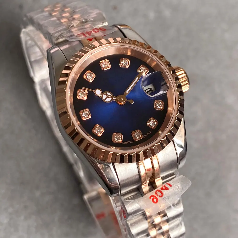 2024 Bliger New 26mm Rose Gold Deep Sea Blue Sterile Sunburst Dial NH05 Sapphire 50m Waterproof Automatic Watch Woman