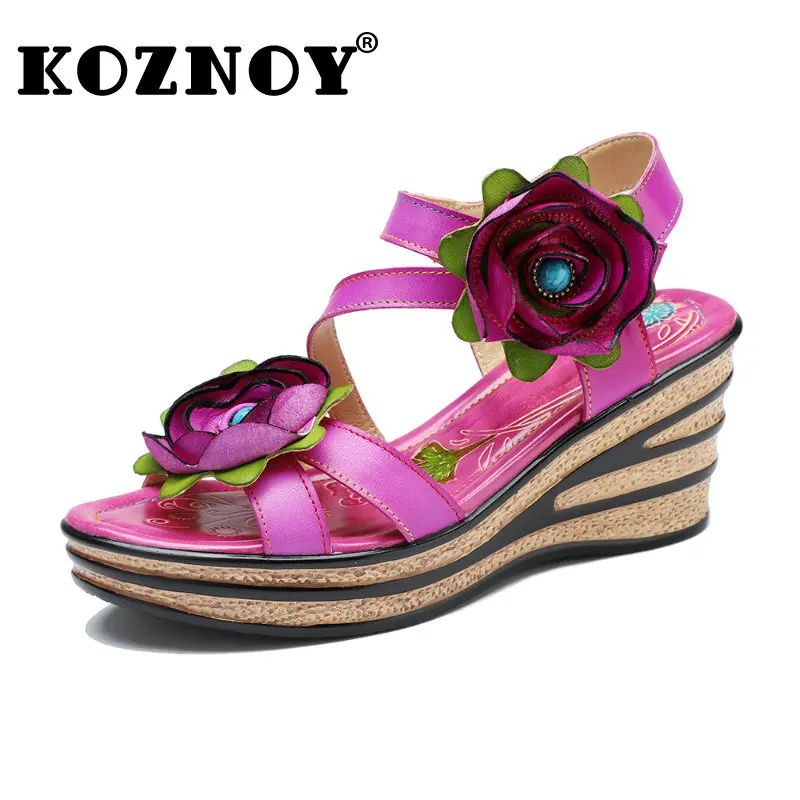 

Koznoy Ethnic Leather Sandal 7.5cm New Sheepskin Buckle Elegant Women Appliques Flower Shoes Artistic Multicolor Summer Big Size