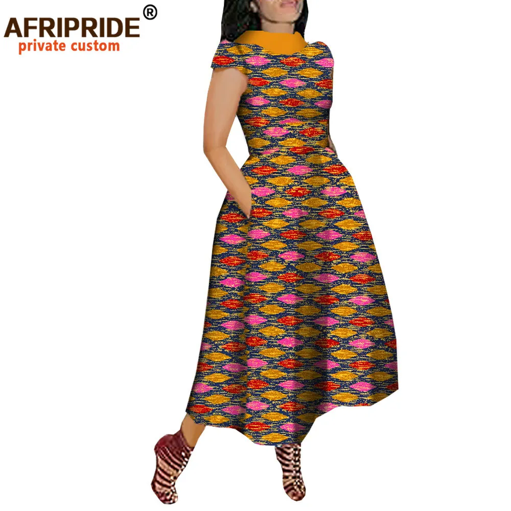 African Maxi Dress for Women Private Custom V-Back Short Sleeve Turn-down Collar Plus Size Casual Dress Ankara Attire A722592