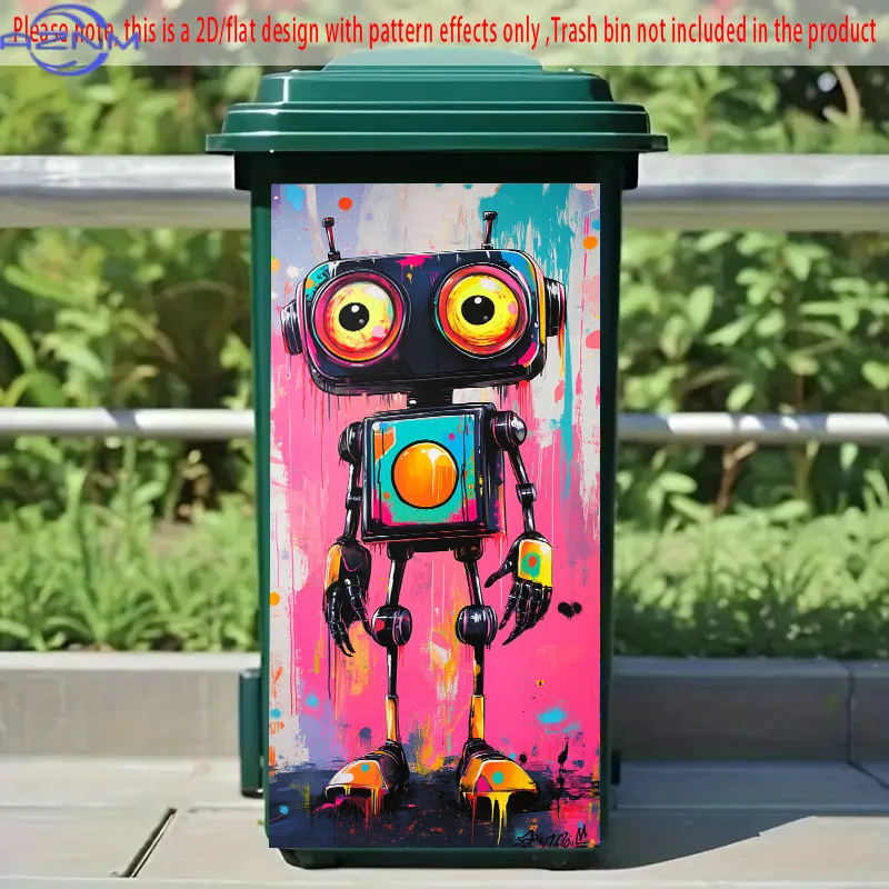 2D/FLAT, Self - Adhesive Dustbin Stickers, 14.57*32.28inch. Depicts a futuristic robot with vibrant colors. Great for decorati