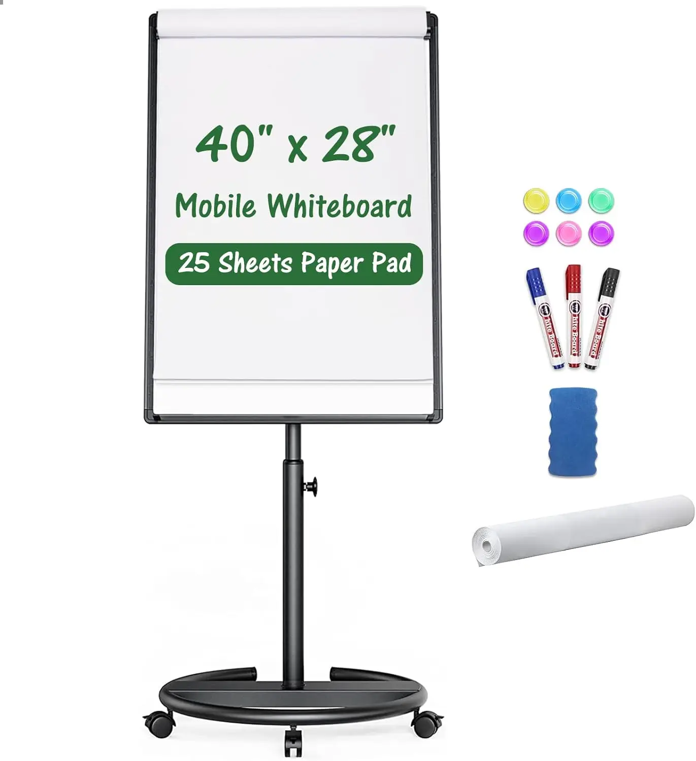 

Magnetic Dry Erase Board on Wheels 40x28 in, Height Adjustable Rolling Whiteboard with Stand, Markers, Magnets, Eraser