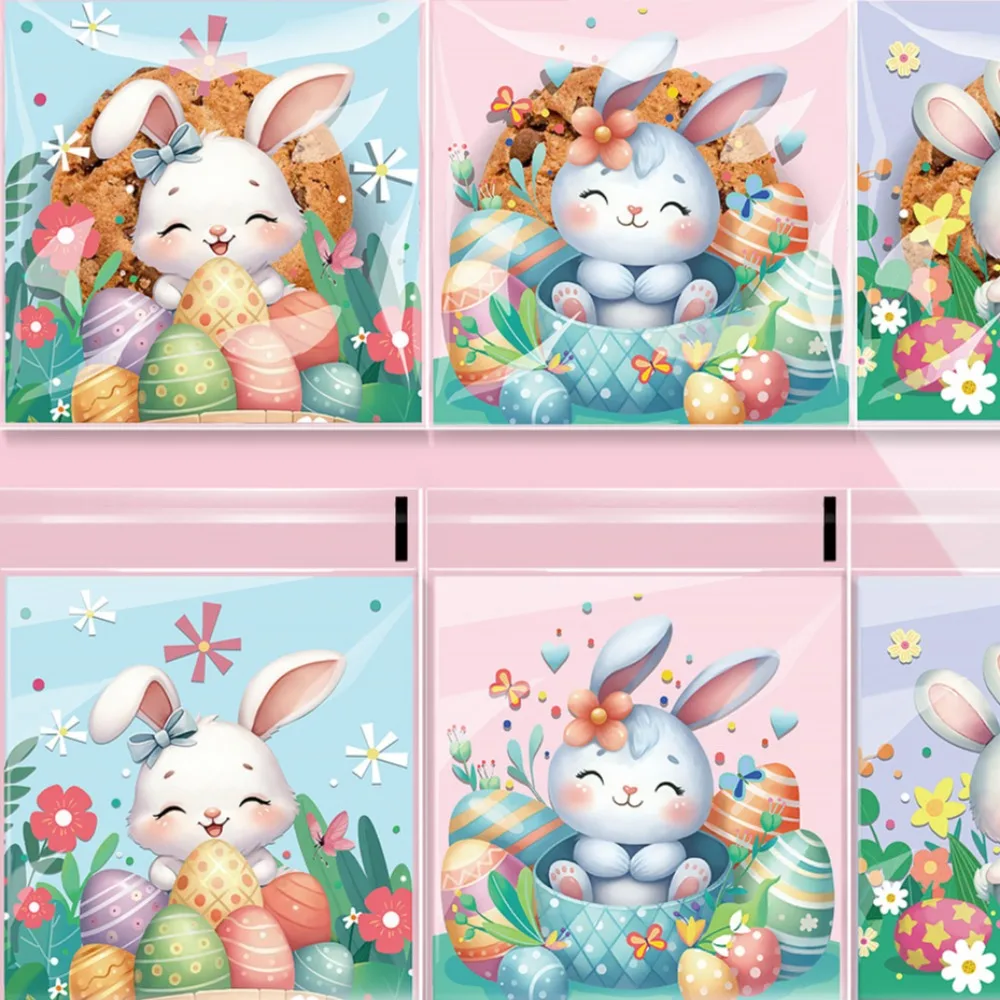 100pcs Easter Cellophane Treat Bags, Self Sealing Candy Cookie Bags Clear Cute Bunny Pattern Plastic Self-Adhesive Bag