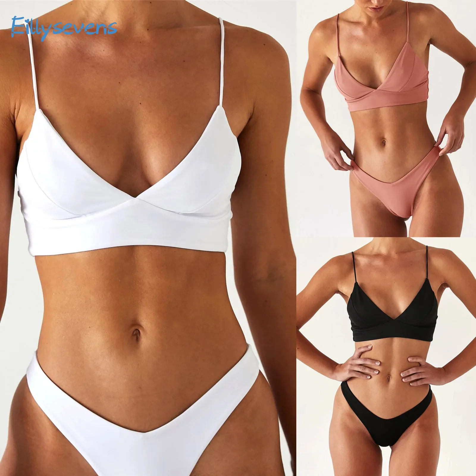 

Women Sexy Bikini Set Classic Simple Solid Color Push Up Spaghetti Straps Bra Tops High Cut Briefs Two Piece Swimsuit