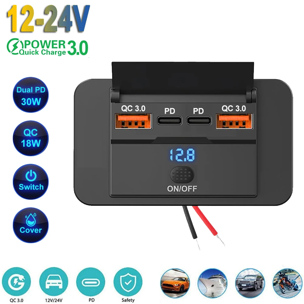 4-Ports 12/24V Car Charger 108W Dual PD3.0 USB-C 36W & Dual QC3.0 18W USB Outlet Charger Socket Adapter for Car Bus Boat Truck