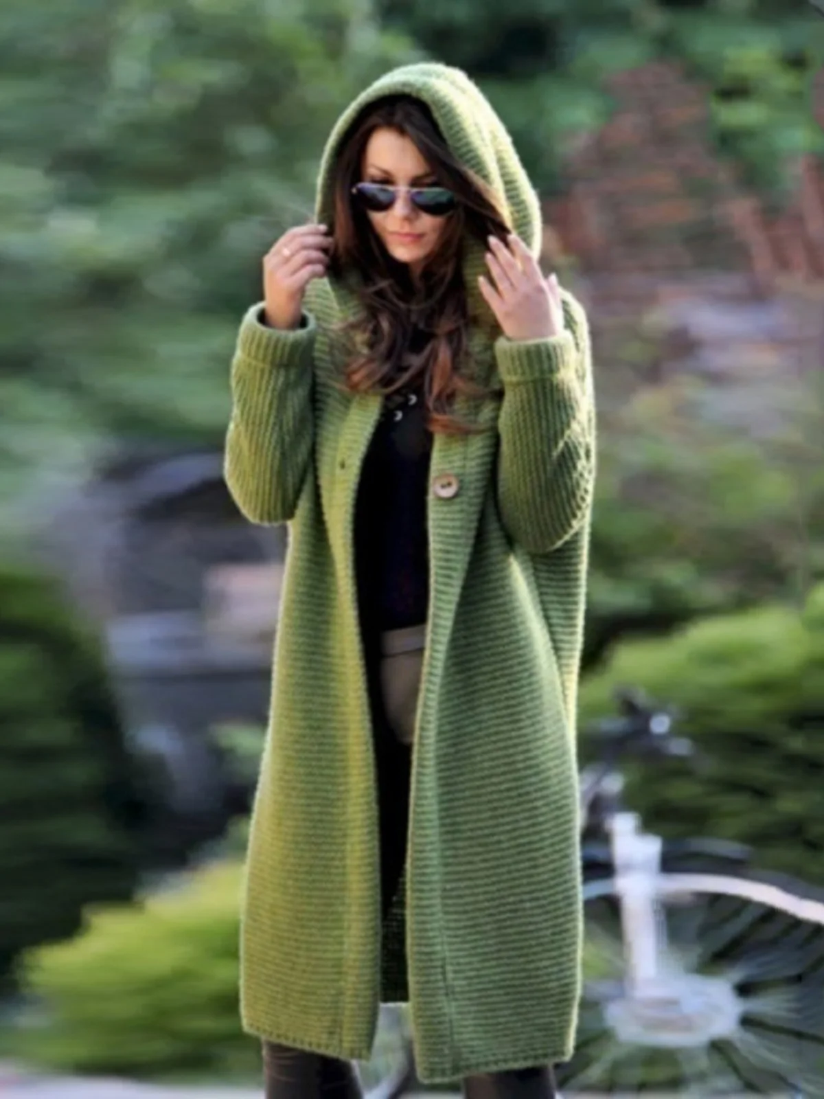 

Весенне-осенний вязаный открытый кардиган с капюшоном на одной пуговице, однотонный, больших размеров, длинный све, уличный, Thiened, полиэстер