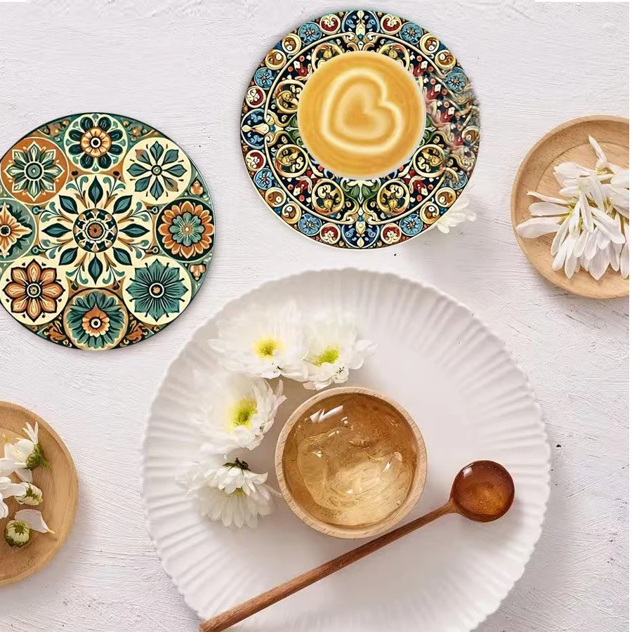 8pcs Moroccan Mandorla 2D Wooden Coasters Set Artistic Circular Beverage Markers for Coffee Tea Home Dining Table Decoration
