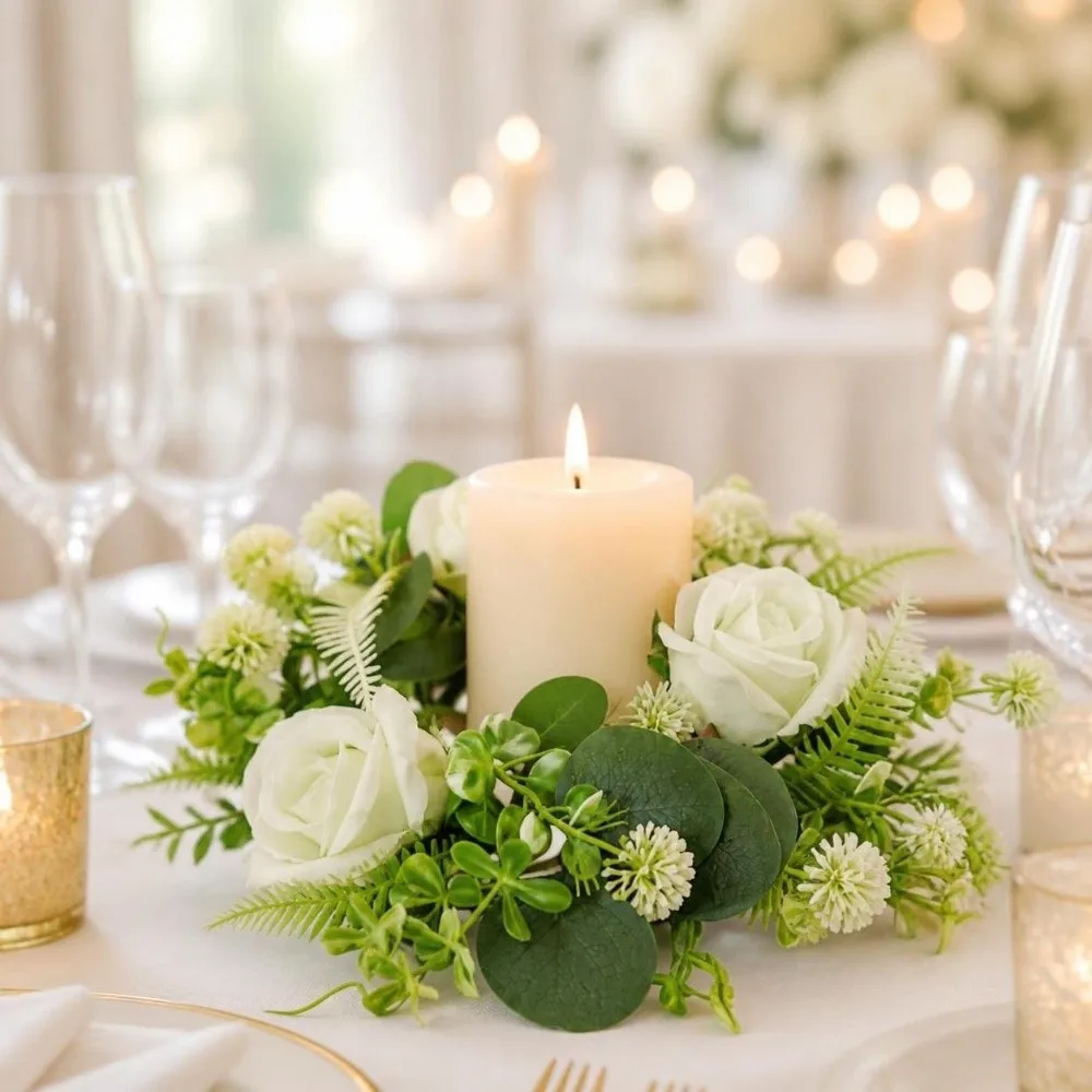 Rose Wreath Candle Holder Artificial Green Leaves Table Ornaments Eucalyptus Leaf Candlestick Centerpiece Decoration Exquisite