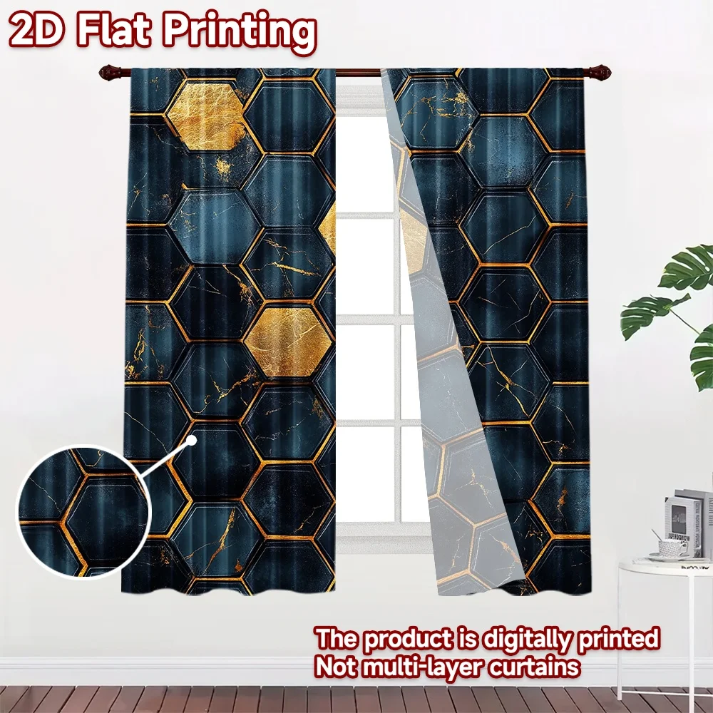 2D flat 2pcs Curtain Retro Country Style Black Gold Hexagons Durable polyester fiber Holiday Decorations Use for Living Room