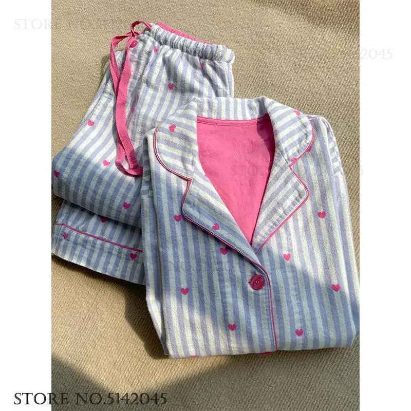 

Fashion Blue Striped Love Pyjama Femme 2Pcs Pjs Suit Plus Size 3XL 4XL Cotton Female Pijama Set Home Clothing Loose Loungewear