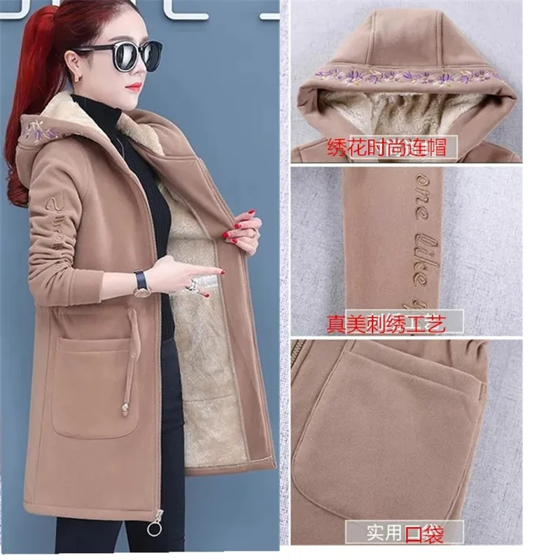 Plus Velvet Thicken Lamb Plush Coat Female 2024 New Autumn And Winter Parka Lace-Up Of Hooded Loose Long Trench Coat Embroid LA