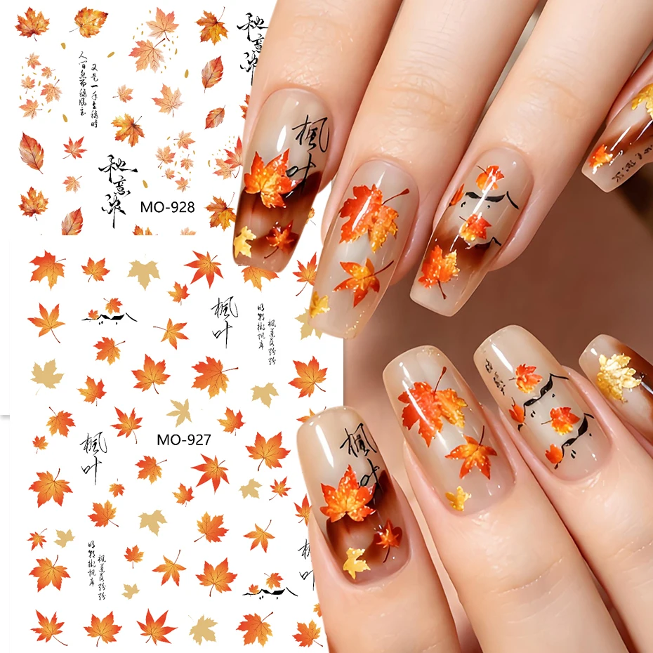 2pcs Bronzing Maple Leaf Nail Art Stickers Holographic Fall Metallic Golden Red Orange Leaves Nail Charm Manicure Accessories