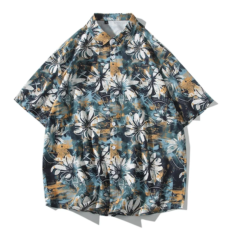 

Мужские рубашки с цветочным принтом 2025 Blusas Estampadas, кардиган, уличная одежда, летняя одежда для пар с короткими рукавами, Гавайская пляжная праздничная рубашка, топы