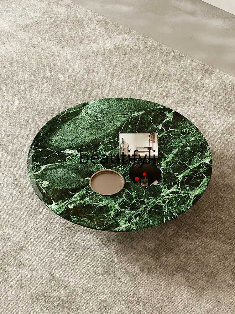 Pure natural luxury stone coffee table green high-end modern light luxury rotating storage marble round coffee table