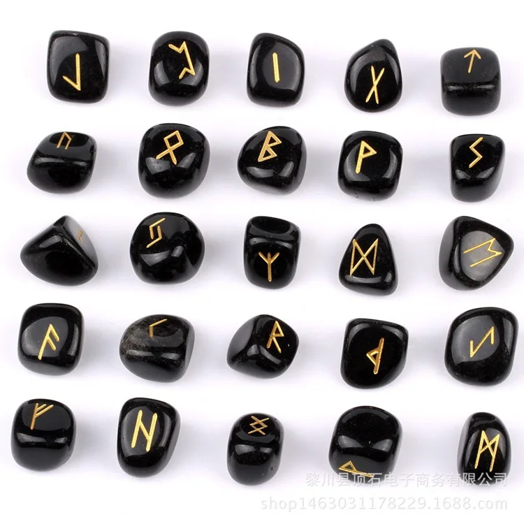 25pcs Rune Gem Stones Set  Amethysts Black Obsidian Natural Crystal Green Aventurine Witches Healing Rune Letter Pendulum X458