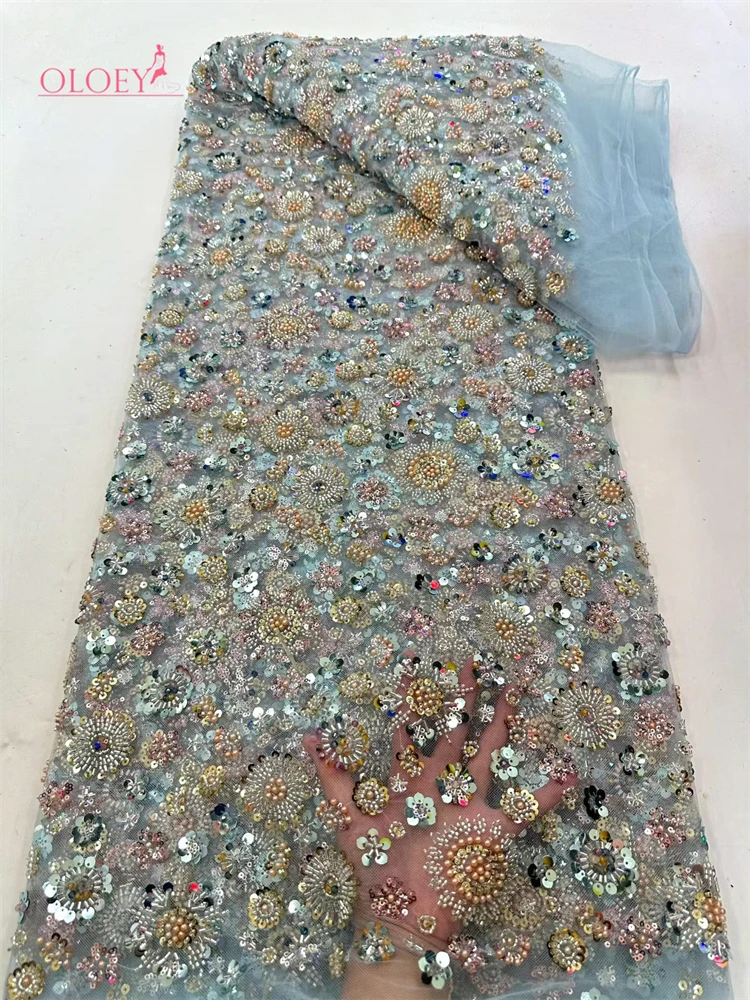 

OLOEY African Sequins Lace Fabric 5 Yards High Quality Beads French Nigerian Groom Lace Net Fabric For Sewing Dress Weddin