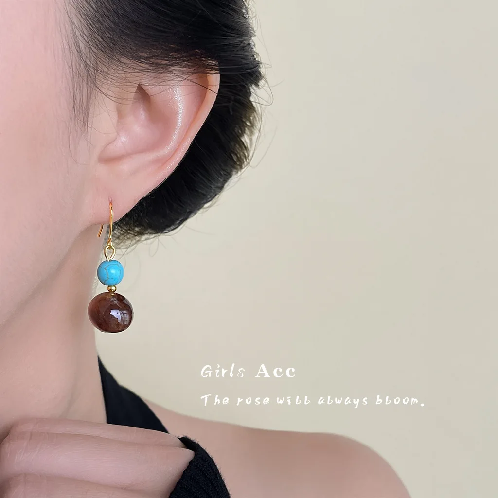 Retro Synthetic Turquoise Earrings Vintage Geometric Brown Ombre Dangle Earrings Wholesale Women Fashion Jewelry Good Luck Gift