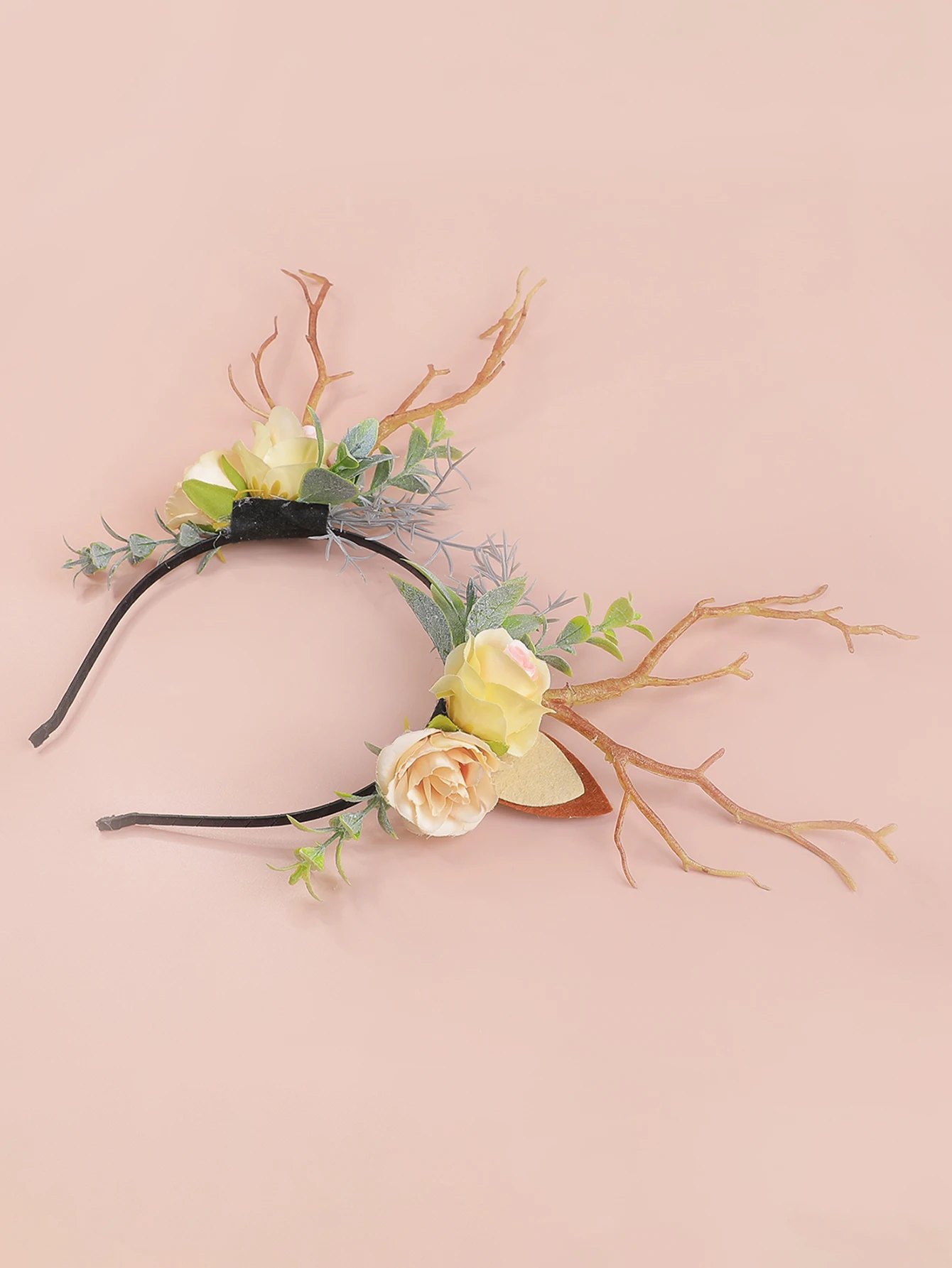 Haarband mit synthetischen Geweihblumen im Wald-Stil, Feenhaarband mit Baumspitzen, Cosplay-Kopfbedeckung für Weihnachten und Halloween, Foto- und Videodrehszenen – Detail 12