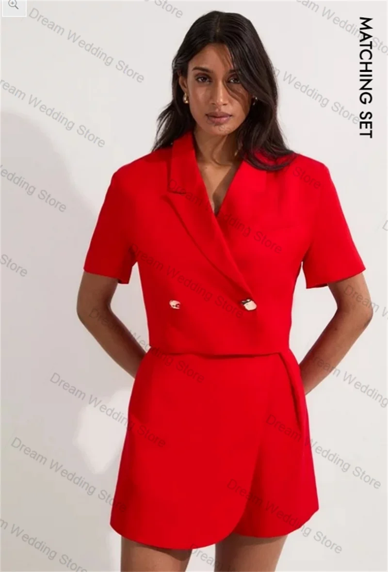 

Red Women Suit Skirt Set 2 Pcs Blazer+Prom Dress Formal Office Lady Short Sleeves Jacket Customized Summer Wedding Prom Coat