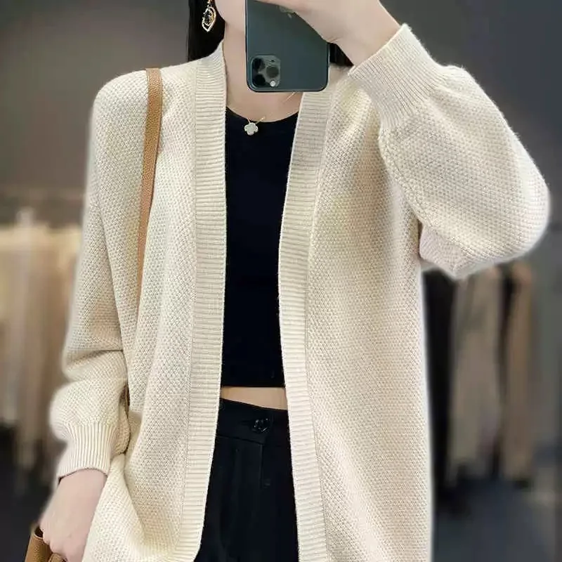 レディース ゆったり カジュアル ニット カーディガン ミディアム丈 ウール セーター Vネック ロングスリーブ シンプル スタイリッシュ 通勤 ファッション アウター