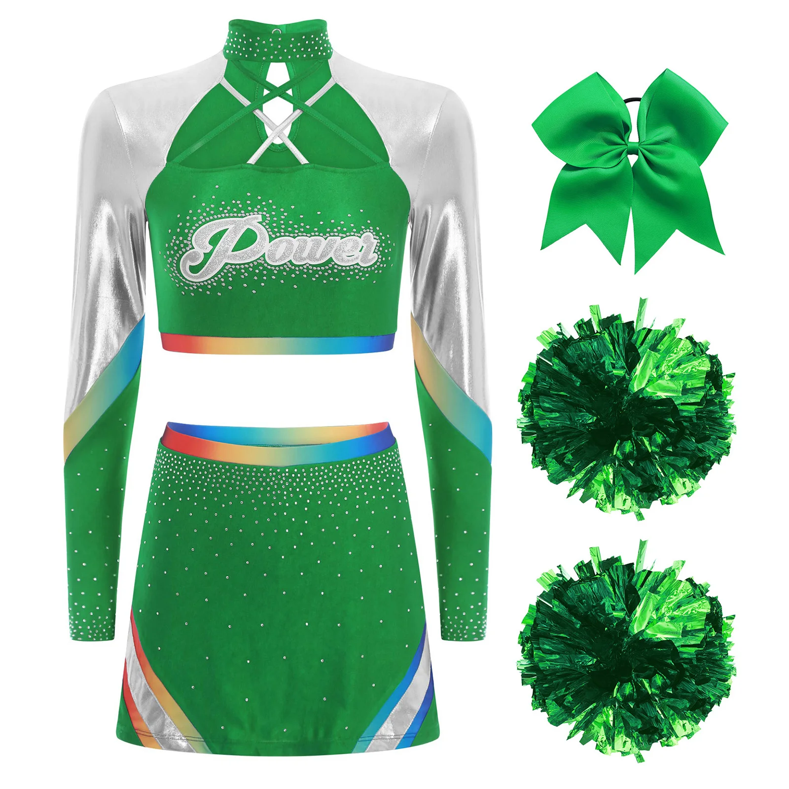 

Women Cheerleading Dance Uniform Long Sleeves Crop Tops with Dance Skirt Cheerleading Hand Flowers And Bowknot Hair Ties Set