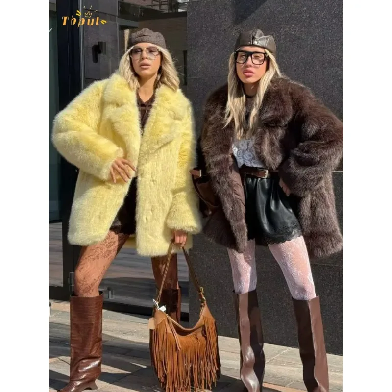 

Модная теплая куртка из искусственного меха для женщин, трендовая, с отложным воротником, длинными рукавами, прямого кроя, свободного покроя, новая, для повседневной носки