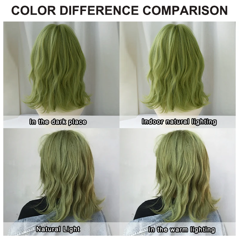 7JHH WIGS High Density Synthetic Short Wave Green Wig for Women Daily Party Shoulder Length Wavy Hair Wigs with Curtain Bangs