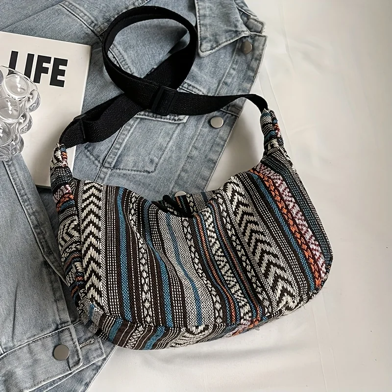 Gestreiftes Muster, Umhängetasche im Tribal-Stil, faltbare Umhängetasche mit Reißverschluss, handwaschbares, lackiertes Futter mit Flaggenmotiv – Detail 6
