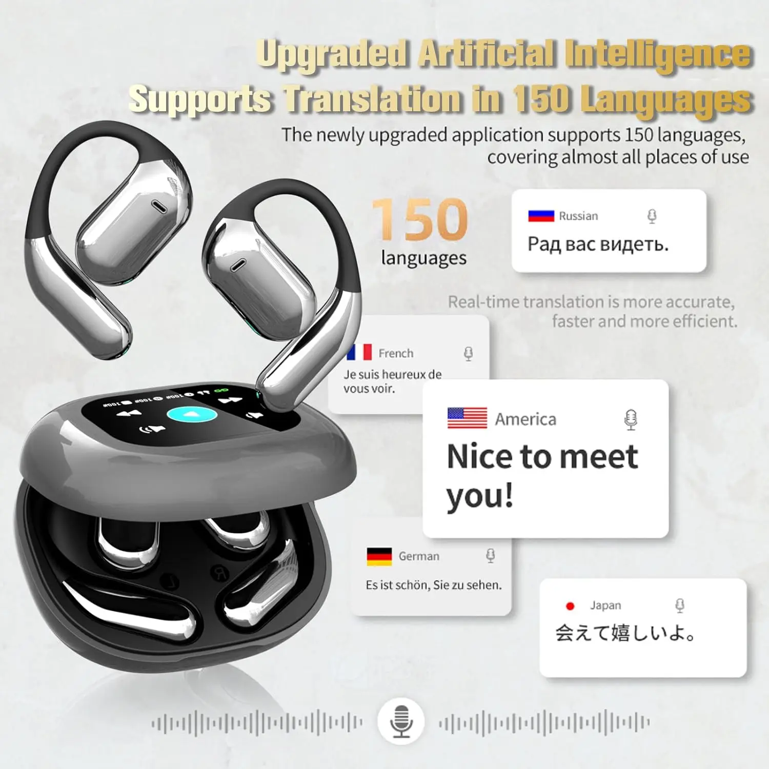UYUXIO AI ترجمة سماعات الأذن في الوقت الحقيقي مع 144 لغة ترجمة سماعة مع شاشة LCD تعمل باللمس OWS سماعة أذن