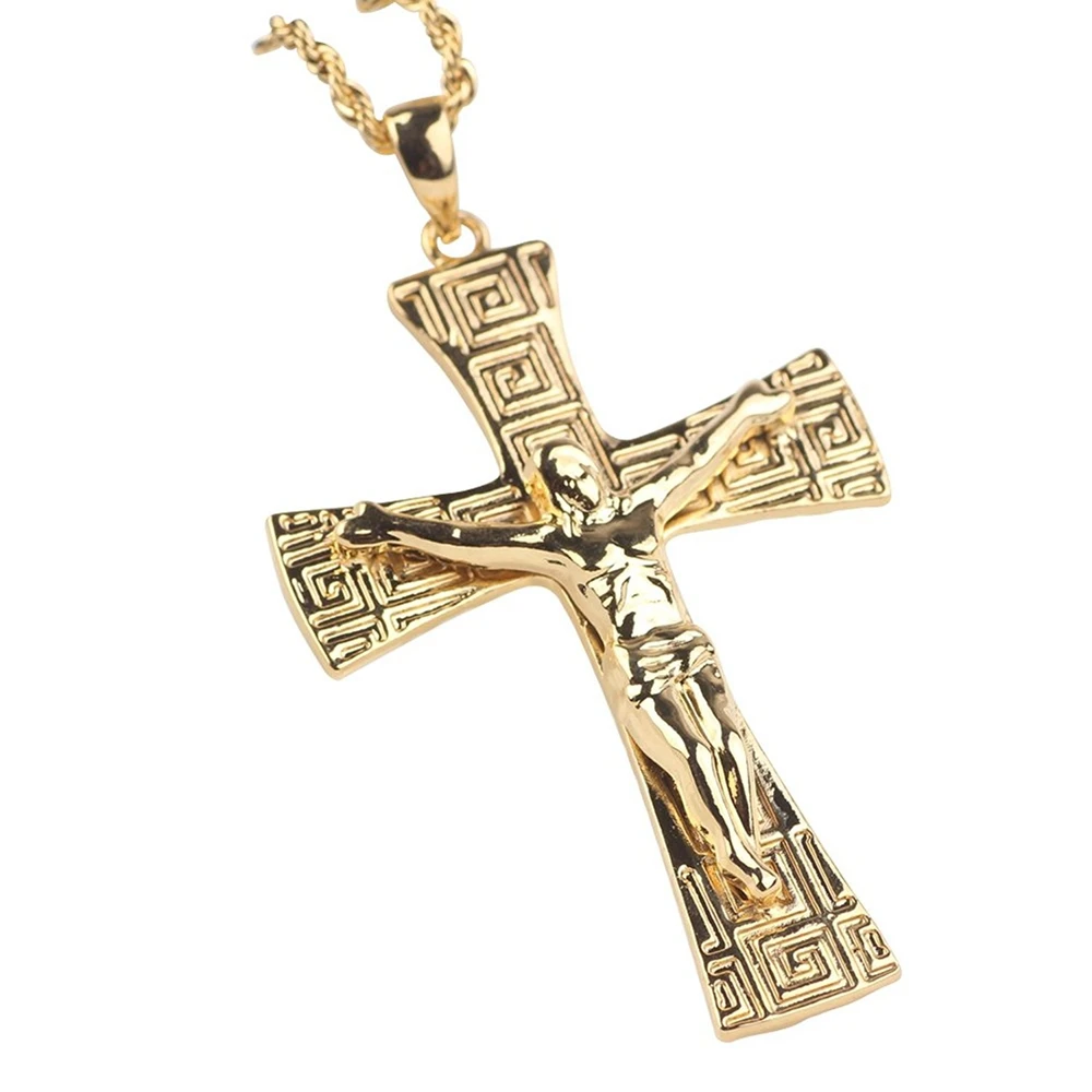 

Big Jesus Cross Pendant Chain for Women Men 18k Yellow Gold Filled Classic Crucifix Unisex Vintage Trendy Believer Jewelry Gift