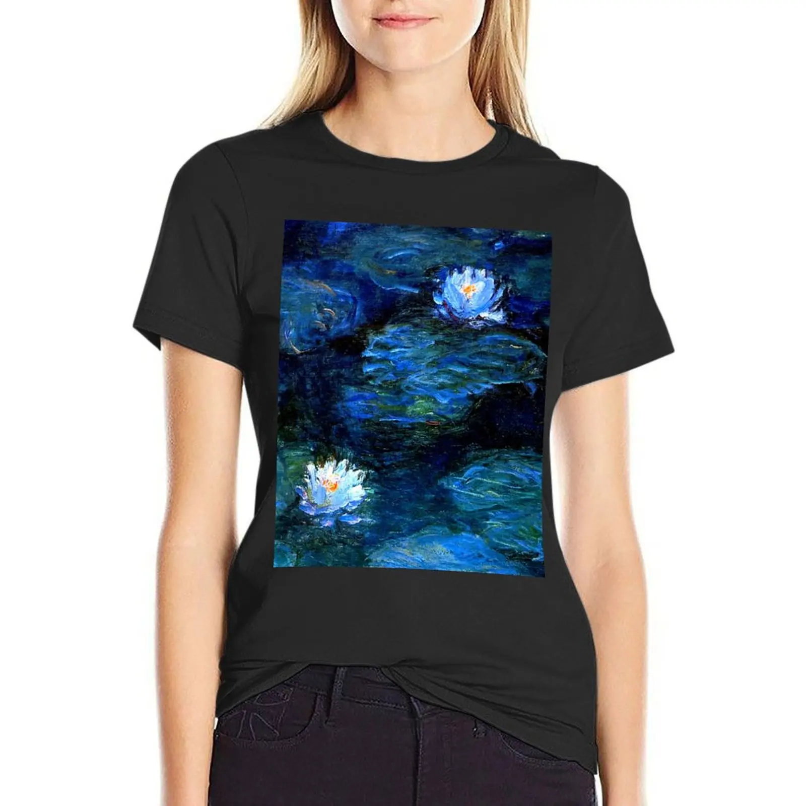 

Water Lilies Monet deep blue T-Shirt plus sizes heavyweights vintage oversized workout shirts for Women loose fit