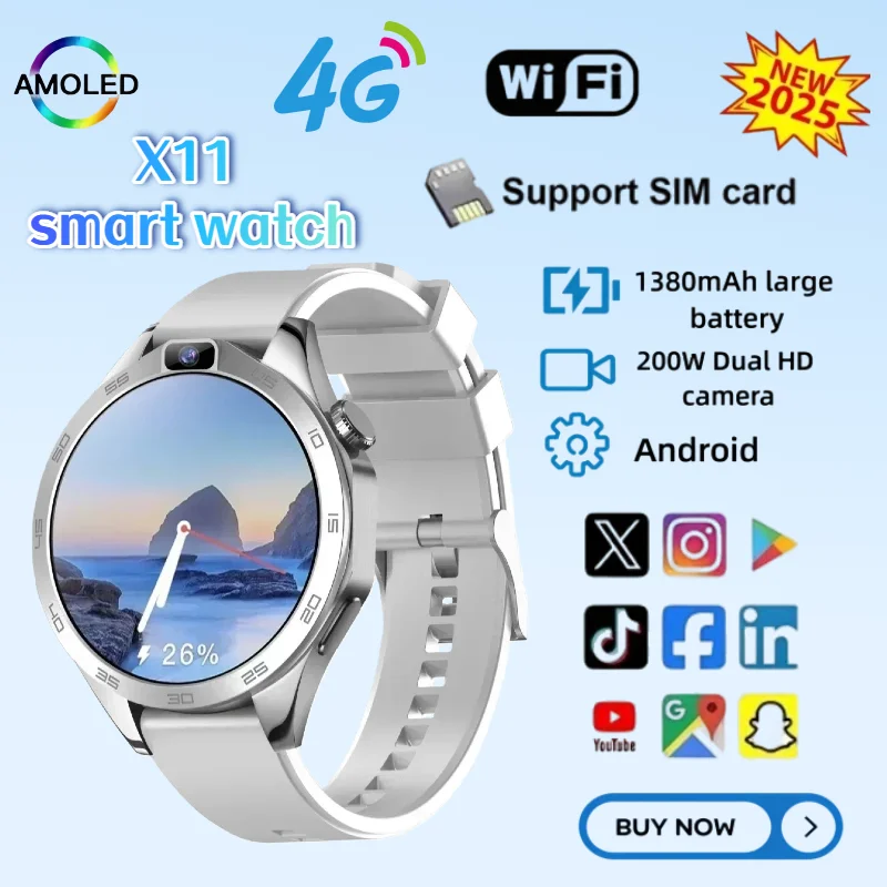 

X11 New 4G Men Smartwatch SIM Card 8GB+128GB Android OS 1.85-inch 1380mah battery dual HD cameras WIFI GPS Sports smartwatch