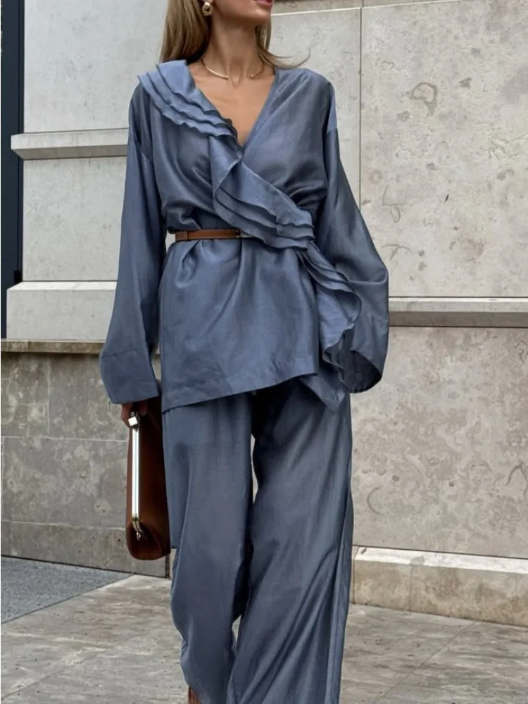 LIinar Vacation-Style Tencel Set Fall 2026 Women V-Neck Ruffled Top Tie-Waist Wide-Leg Pants Loose-Fitting Casual Two-Piece Set