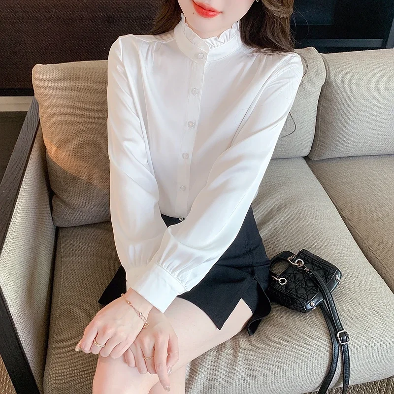 Fashion Long Sleeve Chiffon Women Blouse Shirt Tops Blusas Mujer De Moda 2024 Stand Collar White Blouse Women Shirt Blusa H540