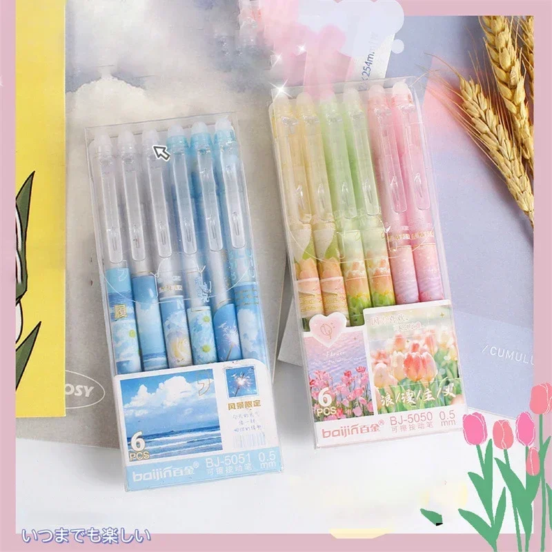 6pcs Erasable Gel Pens Romantic Flowers Blue Black Ink Signature Pens with Erasers 0.5mm Cute Pens Writing Tools Office School