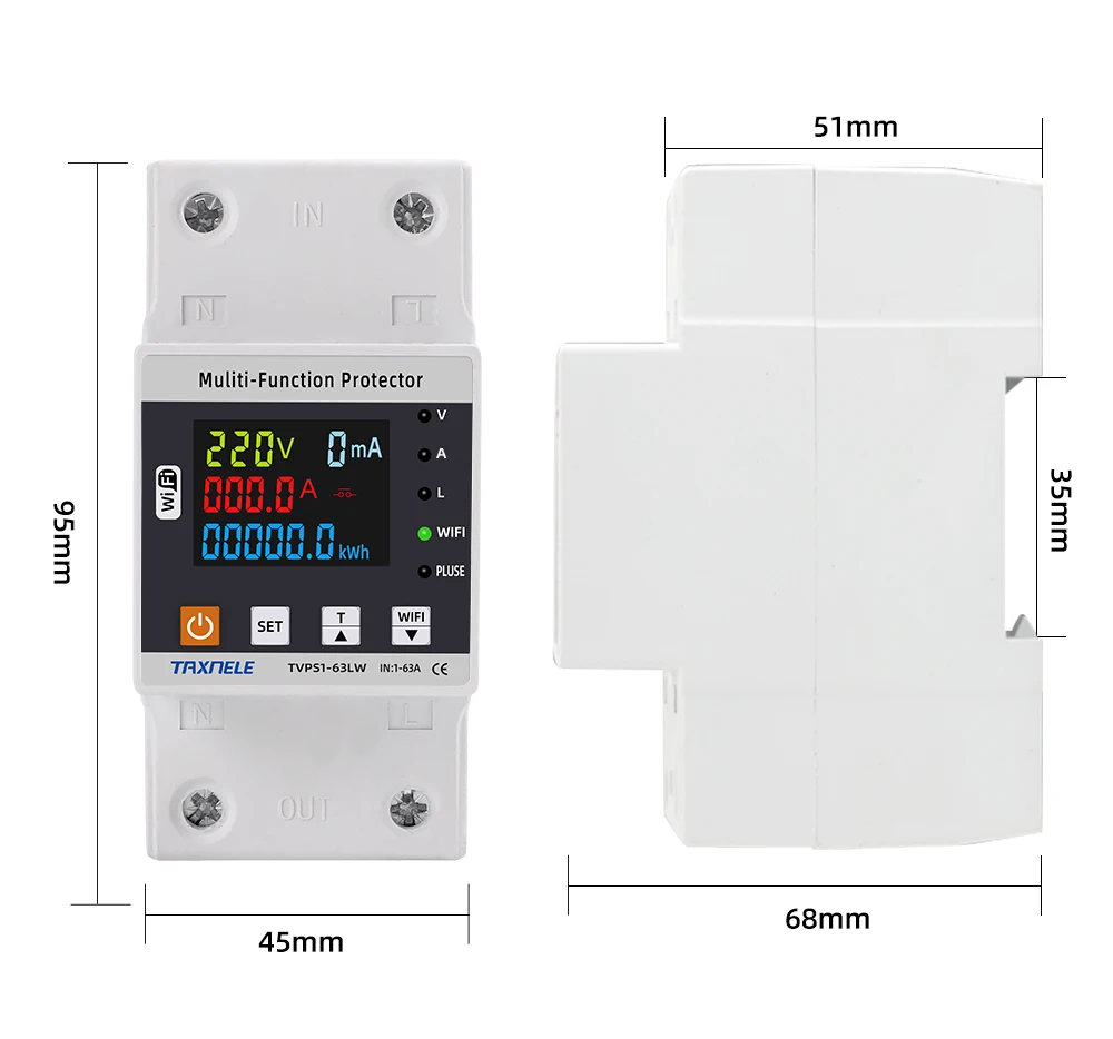 63A TUYA WiFi Smart Earth Leakage Over Under Voltage Protector Relay Circuit Breaker Timer Energy Power kWh Meter Smart Life