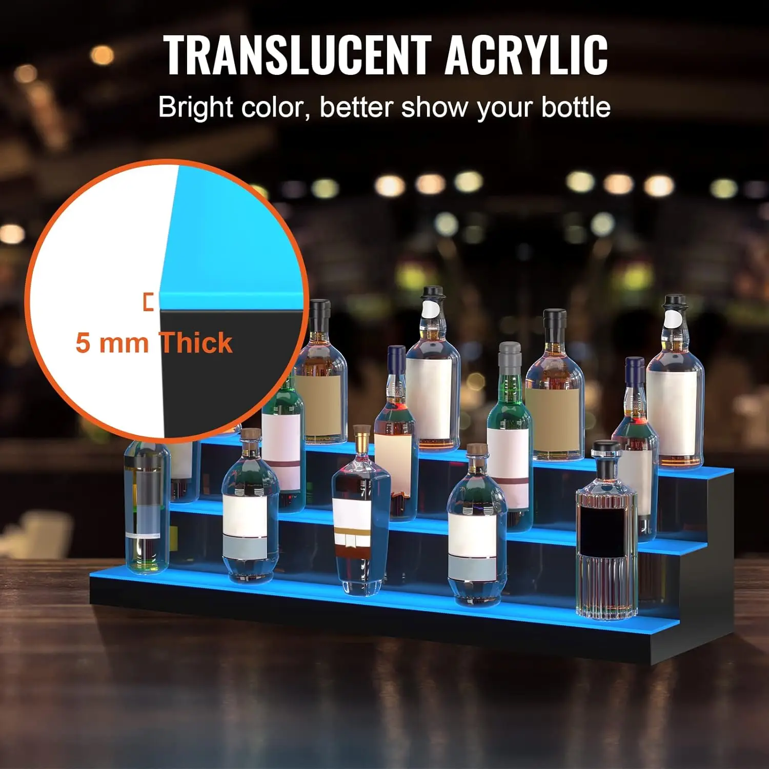 Rak Botol Minuman Berlampu LED, 3 Tingkat 40 Inci, Mendukung USB, Rak Bar Rumah Bercahaya