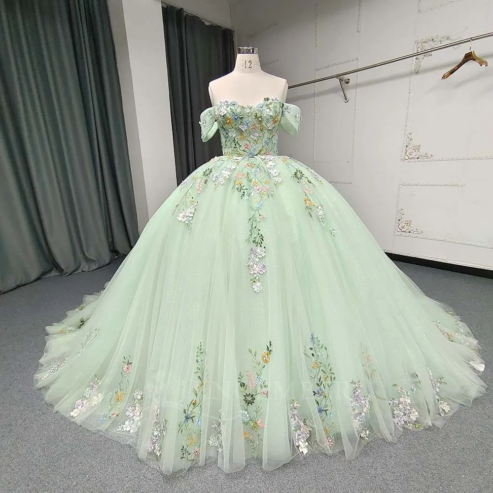 

Зеленые платья принцессы Quinceanera с кружевными платьями на день рождения Sweet 16, бальное платье по индивидуальному заказу, Vestidos De 15 лет, с короткими рукавами