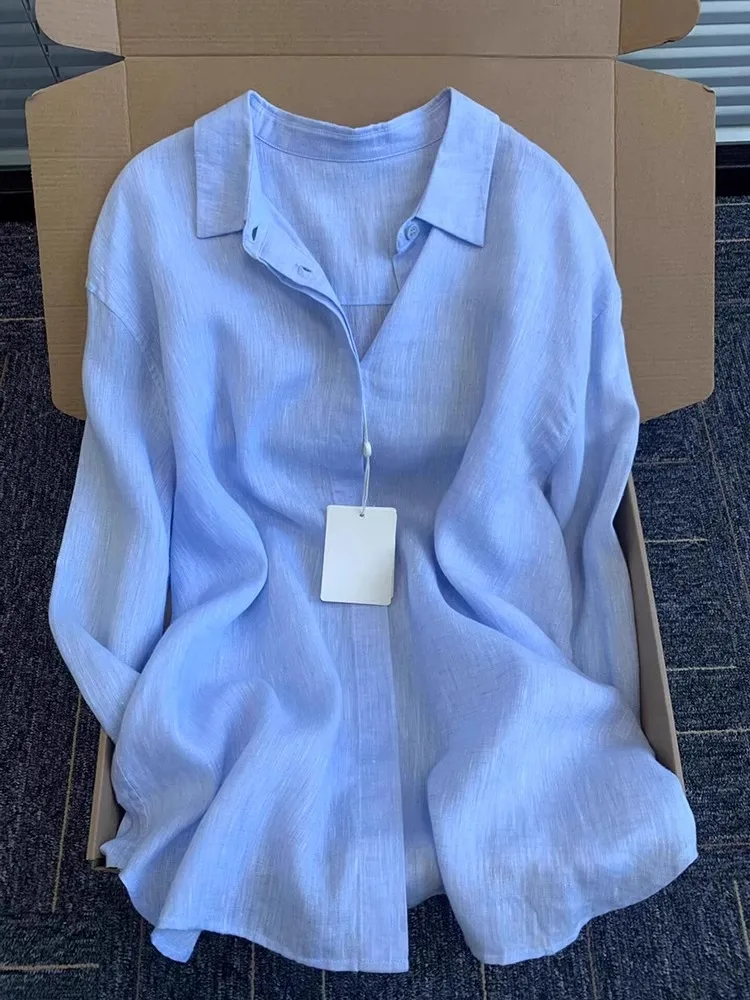 

Blue Linen Cotton Shirt Jacket Women's Summer Thin Casual Loose Sun Protection Top Collar Long Sleeve Pure Color Button