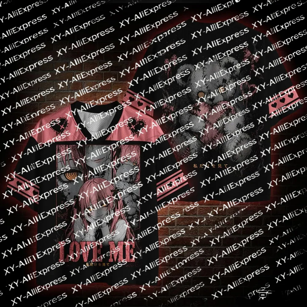 Y2K Dark Cute Patterned Mesh Sweatshirt, Creepy Stitched Teddy Print, Heart-striped Cuffs, Loose Top, Gothic Street Style Outfit