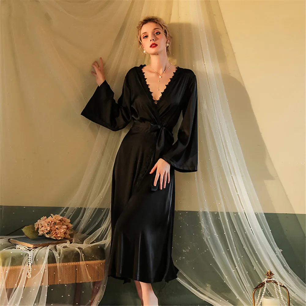 Back Hollow Out Ice Silk Robe Nightgown Women's Long Kimono Bathrobe Yukata Loose Home Dress Lounge Wear
