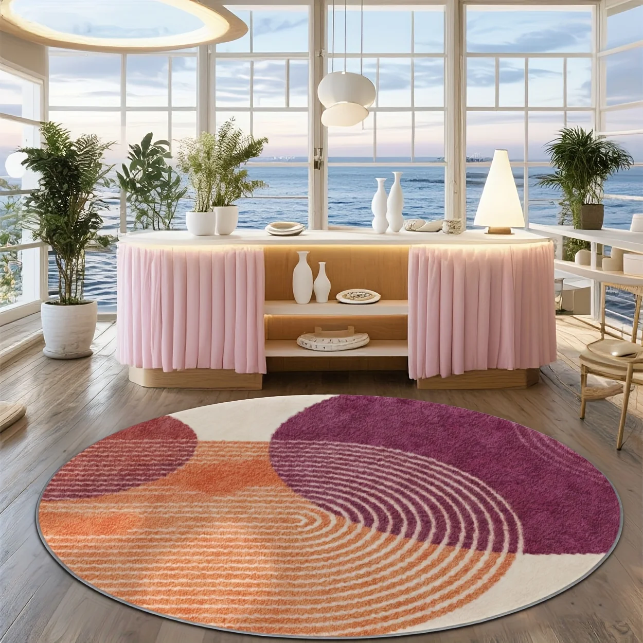 Mid Century Modern Color Block Circular Area Rug  Warm Earth Tone Curved Shape Print Anti Slip Round Doormat Minimalist Home Rug